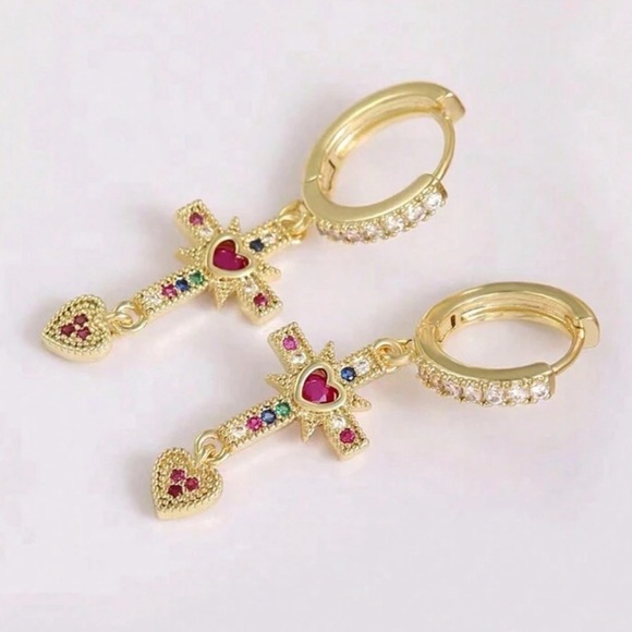 gold plated colourful cross earrings BN - Picture 1 of 1